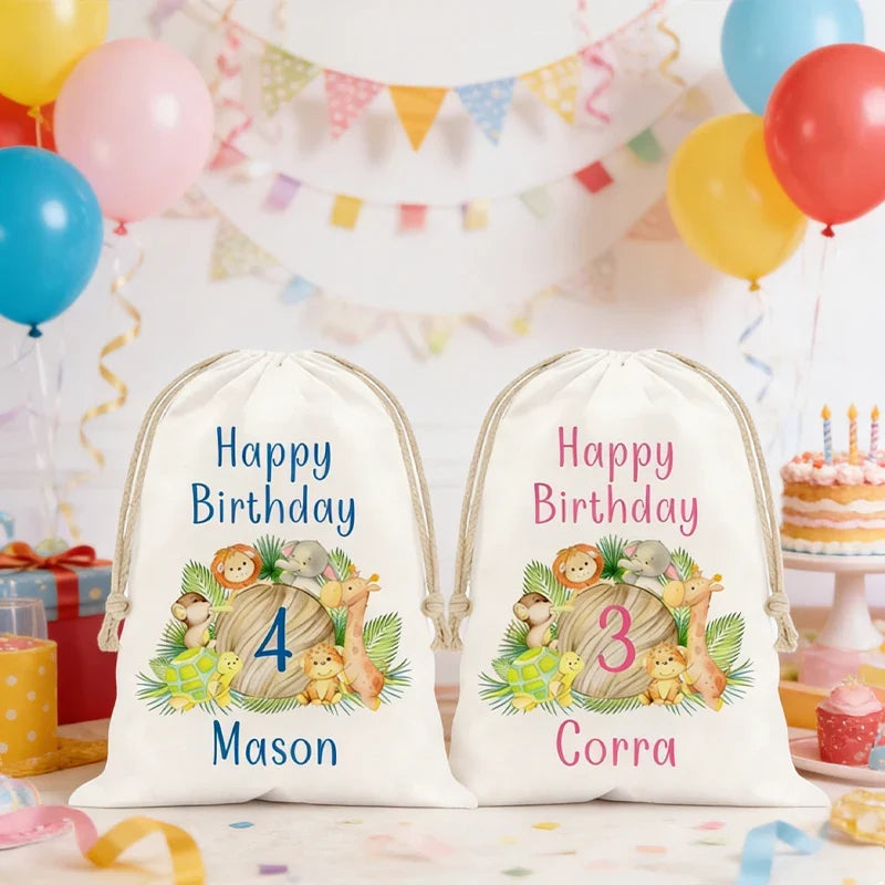 5-Pack Custom Safari Drawstring Bags – Kids Birthday Party Favors
