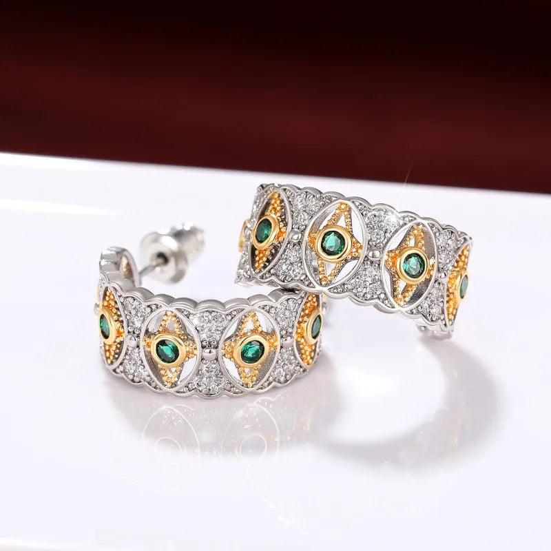 Huitan Two-Tone Hoop Earrings – Green & White Cubic Zirconia