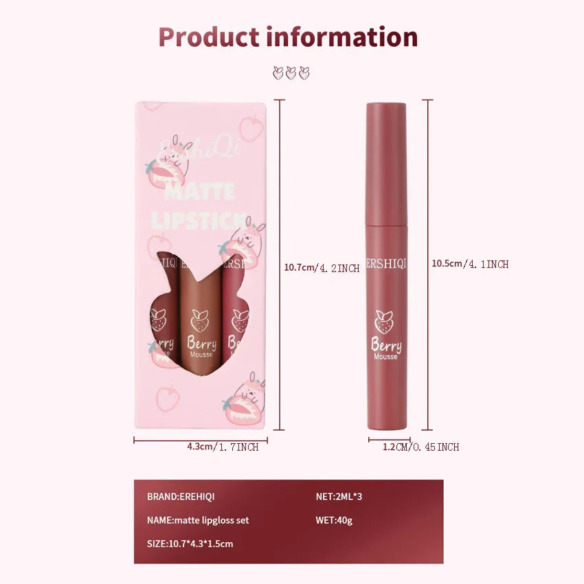 3-Piece Velvet Matte Lip Glaze Set – Waterproof Nude Lip Gloss