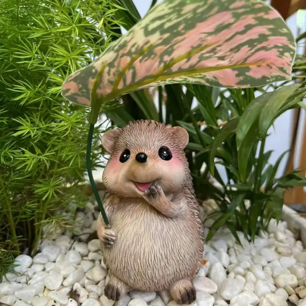 Leaf Umbrella Hedgehog Figurine | Resin Garden Statue Decor