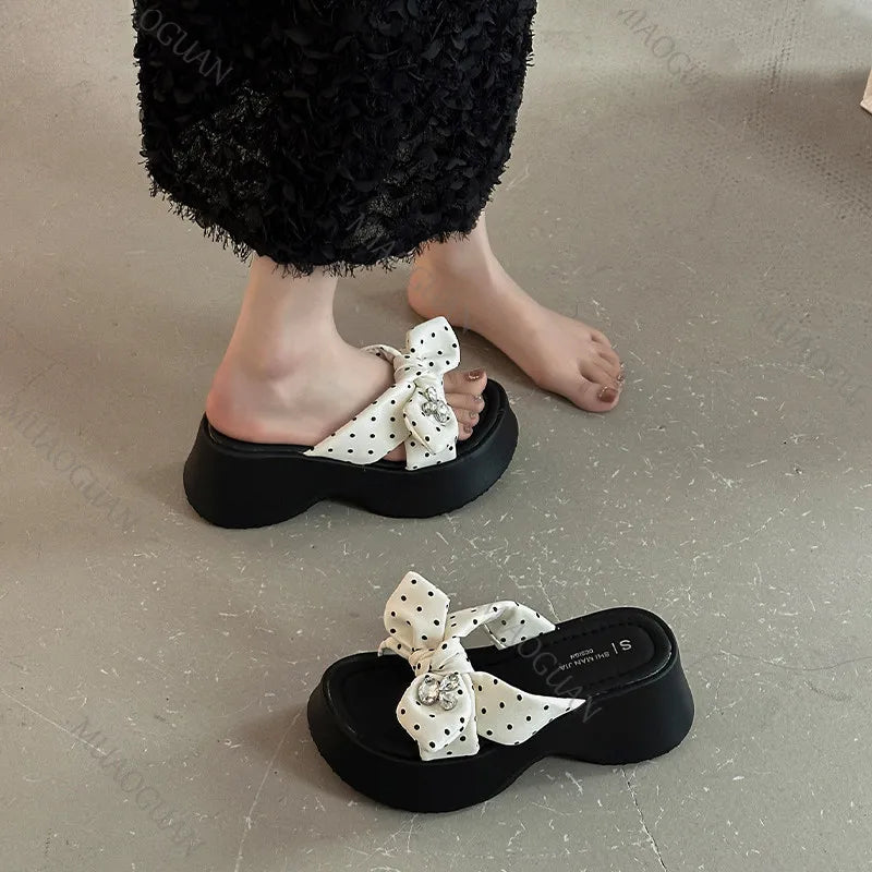 Women's 7CM Wedge Platform Slippers – Rhinestone Bow Sandals