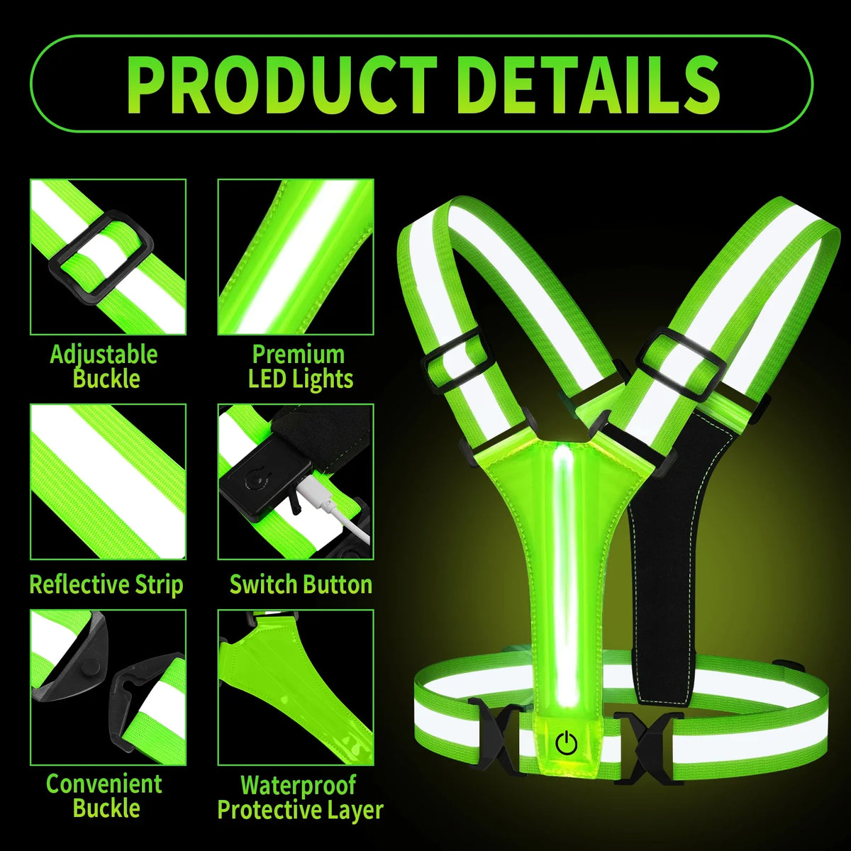 Adjustable Reflective Gear Security Vests USB Rechargeable Safety