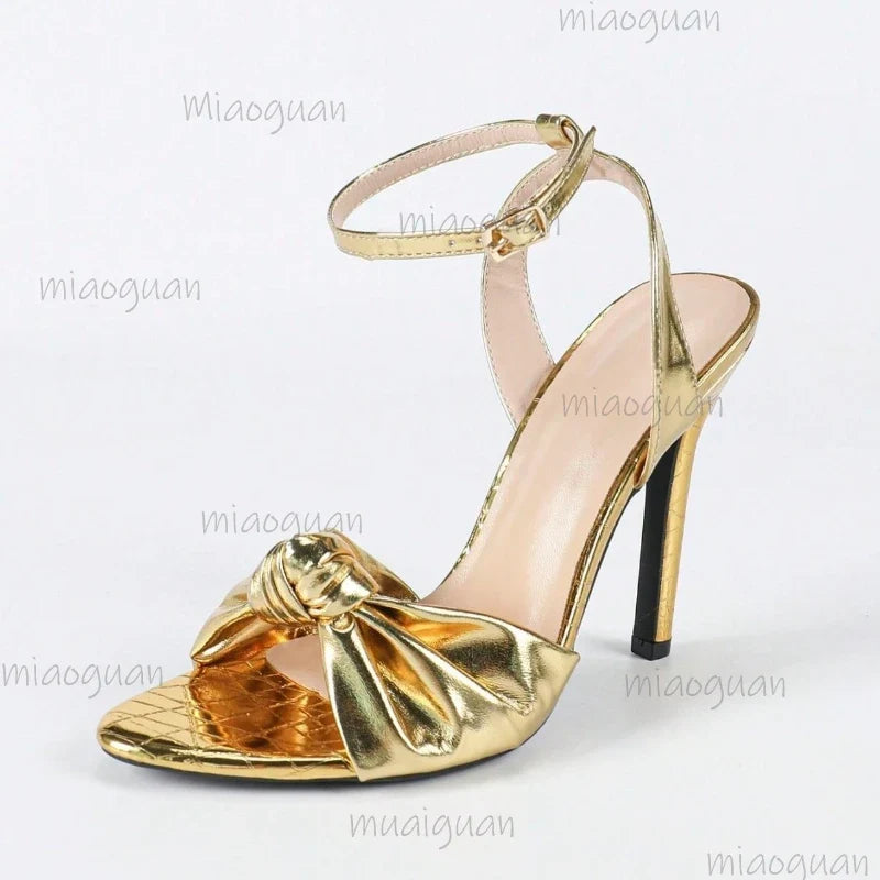 Gold High Heel Open Toe Sandals – Bow Party Dress Pumps