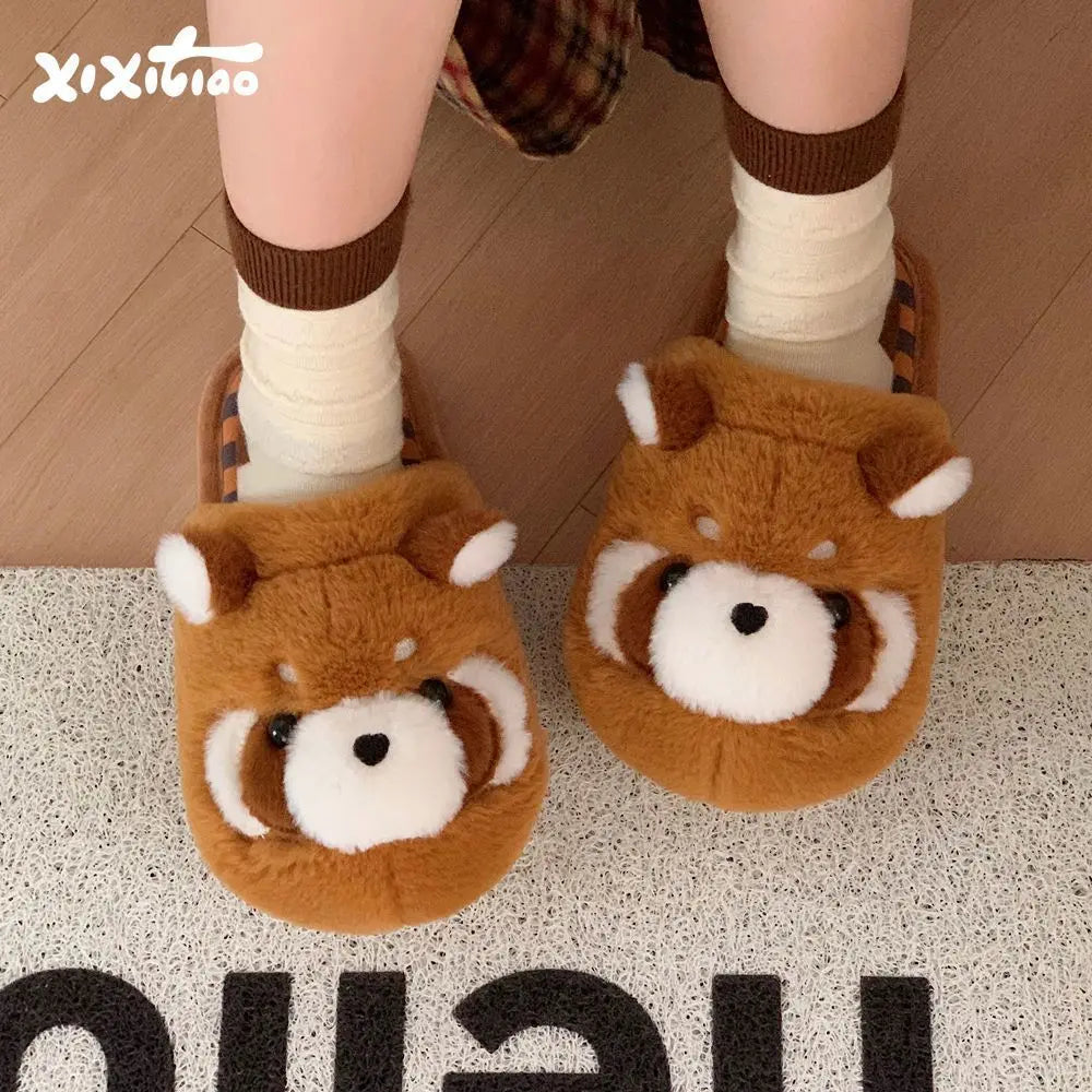 Women's Raccoon Plush Slippers – Cozy Indoor Fur Slides