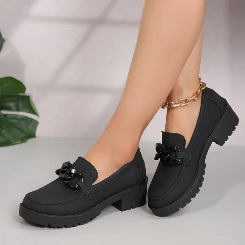 Women's Platform Loafers – Chunky Heel Slip-On Shoes & Metal Buckle