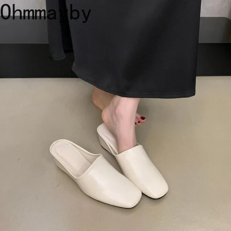 Women's Wedge Heel Mules – Square Toe Slip-On Slide Sandals