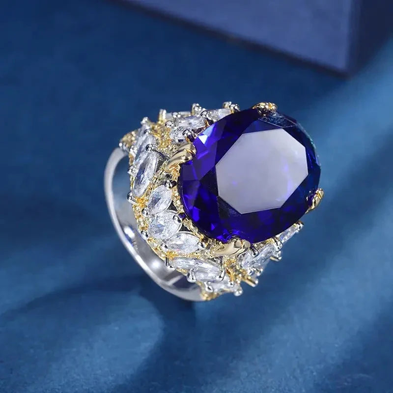 Huitan Oval Blue CZ Two-Tone Women's Wedding Band Ring
