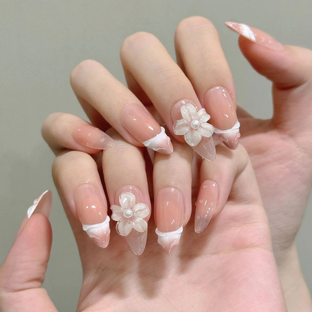 Nude Pink Press-On Nails | Carved Petal French Almond Set 10Pcs