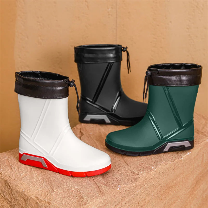 Men's Fleece-Lined Waterproof Mid-Calf Rain Boots Anti-Slip