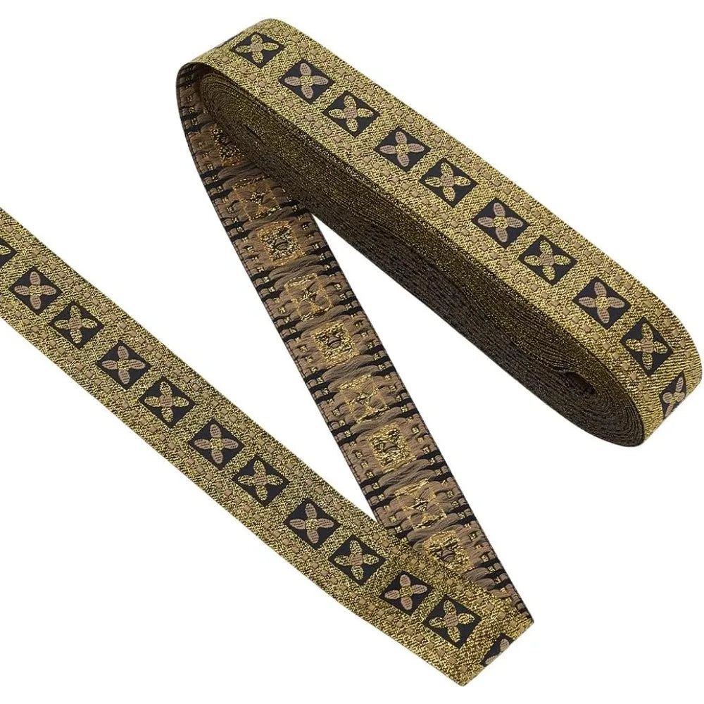 10M Gold Floral Jacquard Ribbon – 1" Ethnic Woven Trim