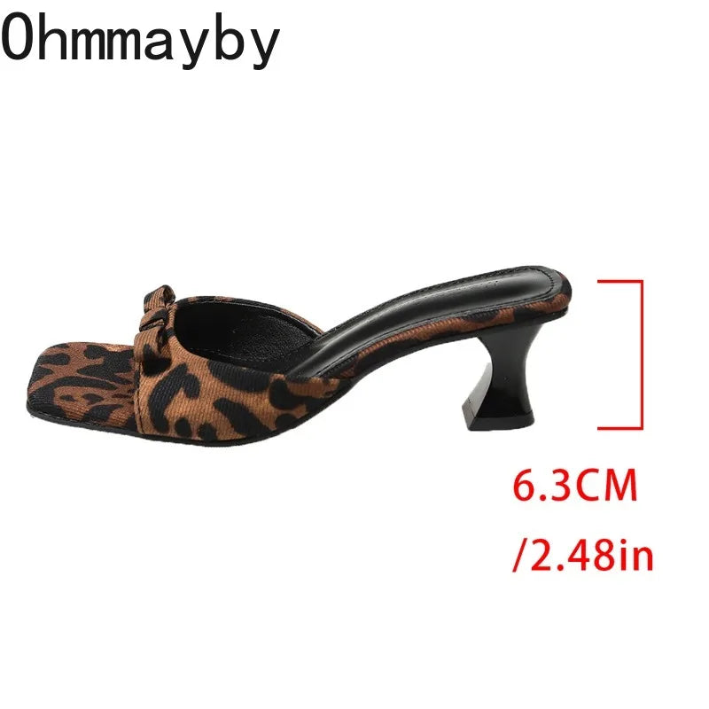 Women's Butterfly-Knot Square Toe Slide Mule Slippers Low Heel