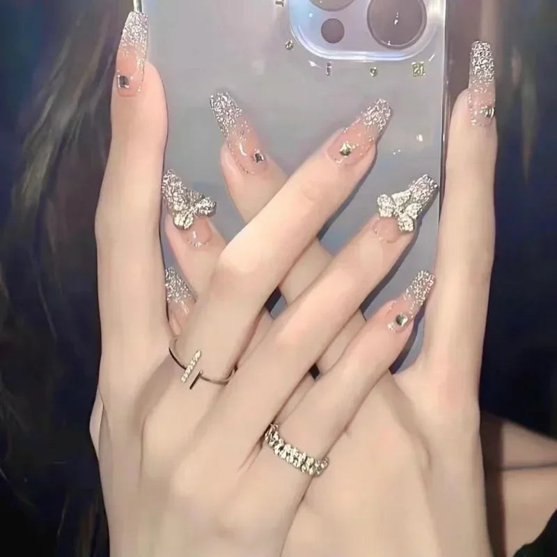 Pink Butterfly Press-On Nails | Long Full Cover False Nail Set