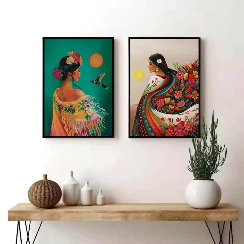 Boho Latina Hummingbird Mexico Folk Art Canvas Wall Print