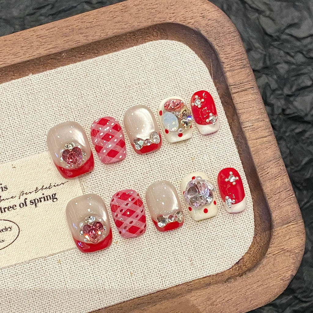 Red Crystal French Press-On Nails | Short Korean Style 10pcs
