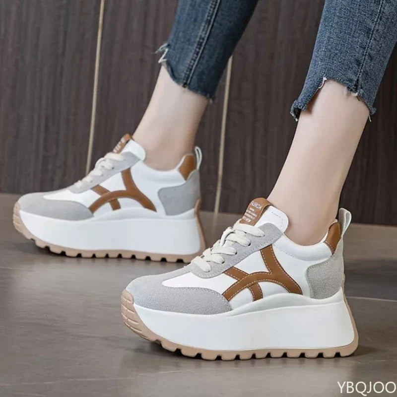 YBQJOO Women's Thick Heel Lace-Up Sneakers | Casual Sport Shoes