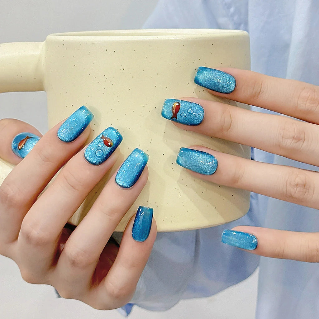 Goldfish Press On Nails – Blue Cat Eye Short Ballet False Nails