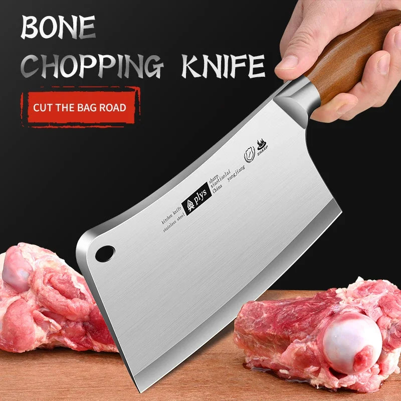 Stainless Steel Butcher Knife – Sharp Chef's Cleaver Wood Handle