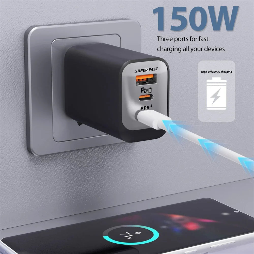 150W 3-Port USB-C Fast Charger QC3.0 PD3.0 | EU UK US Plug