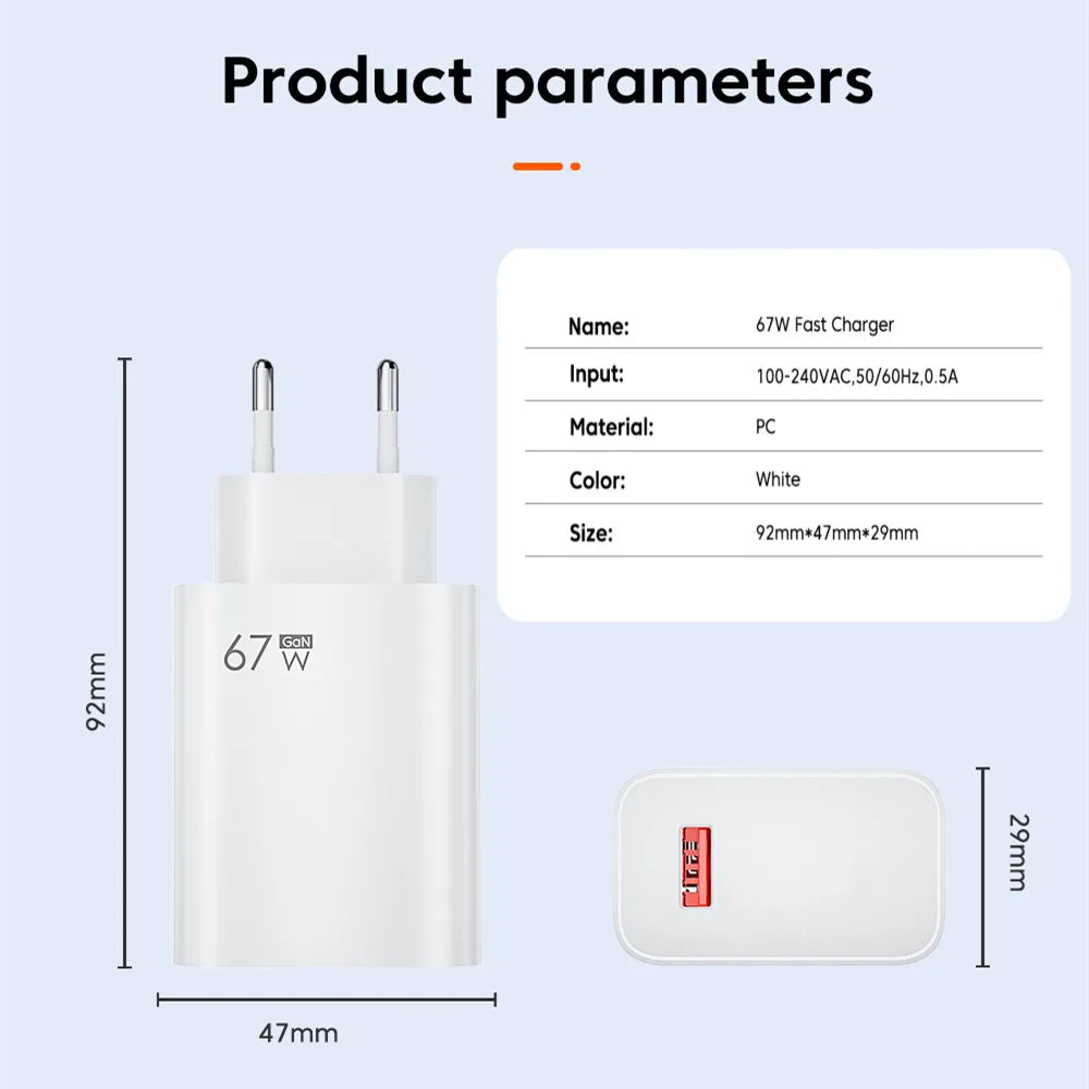 67W Fast USB-C Wall Charger & Cable for Xiaomi Redmi POCO