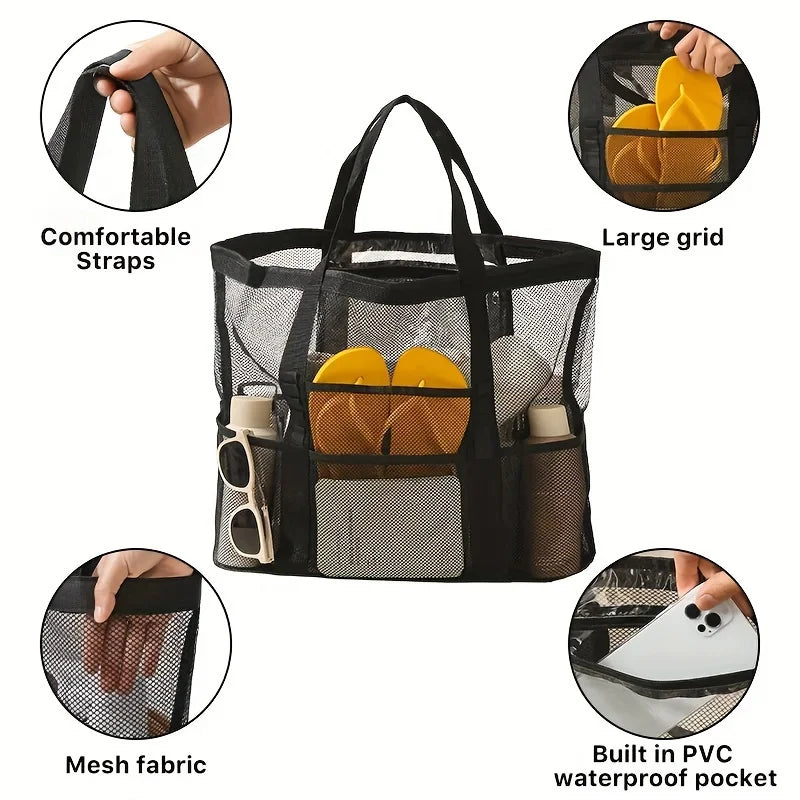 Large Capacity Folding Mesh Beach Bag Breathable Lining Reinforced