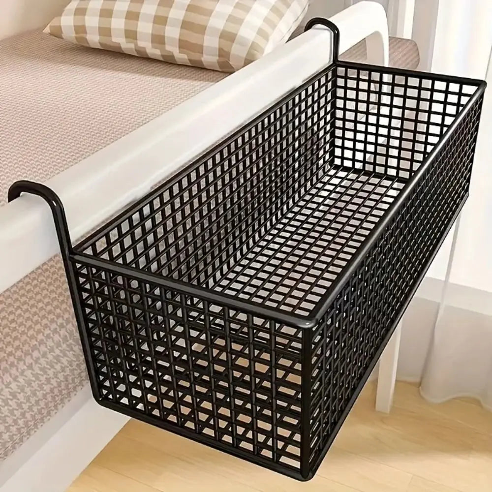 Iron Hanging Bedside Basket – No-Drill Wire Storage Shelf