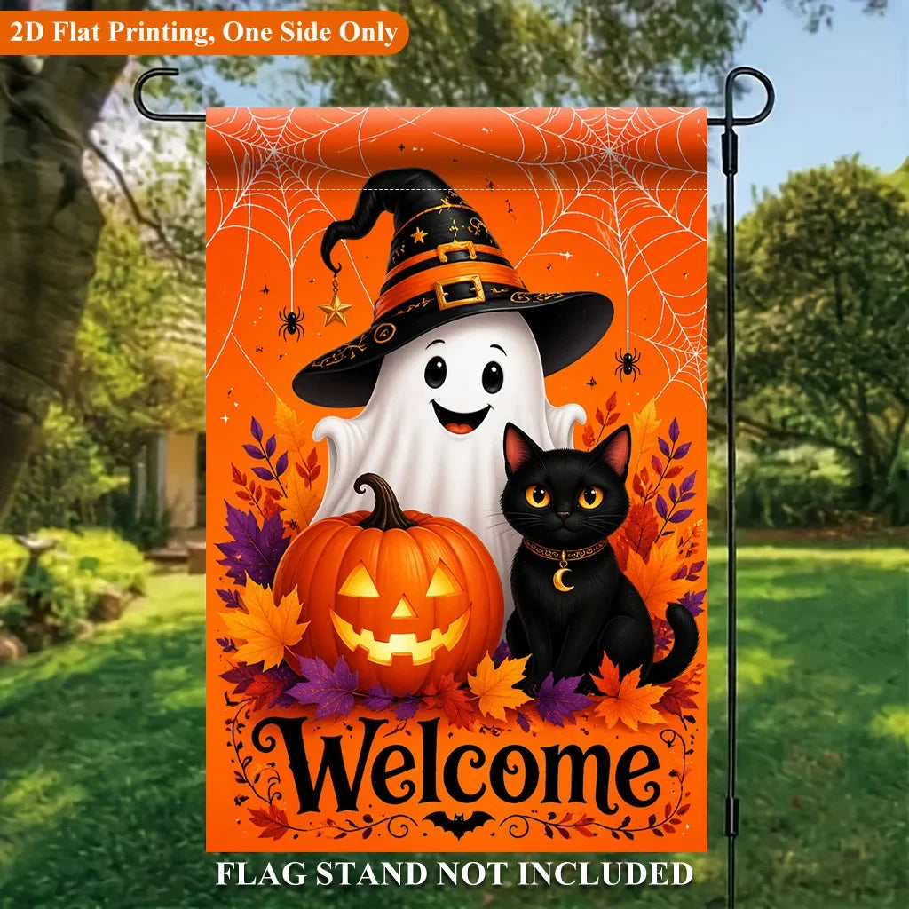 1 Halloween Pumpkin Black Cat Design Single-sided Garden Flag