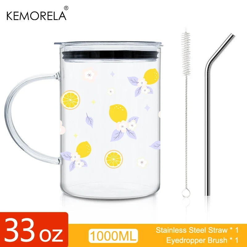KEMORELA 1000ml Bow-Knot Glass Cup with Lid & Straw | Borosilicate