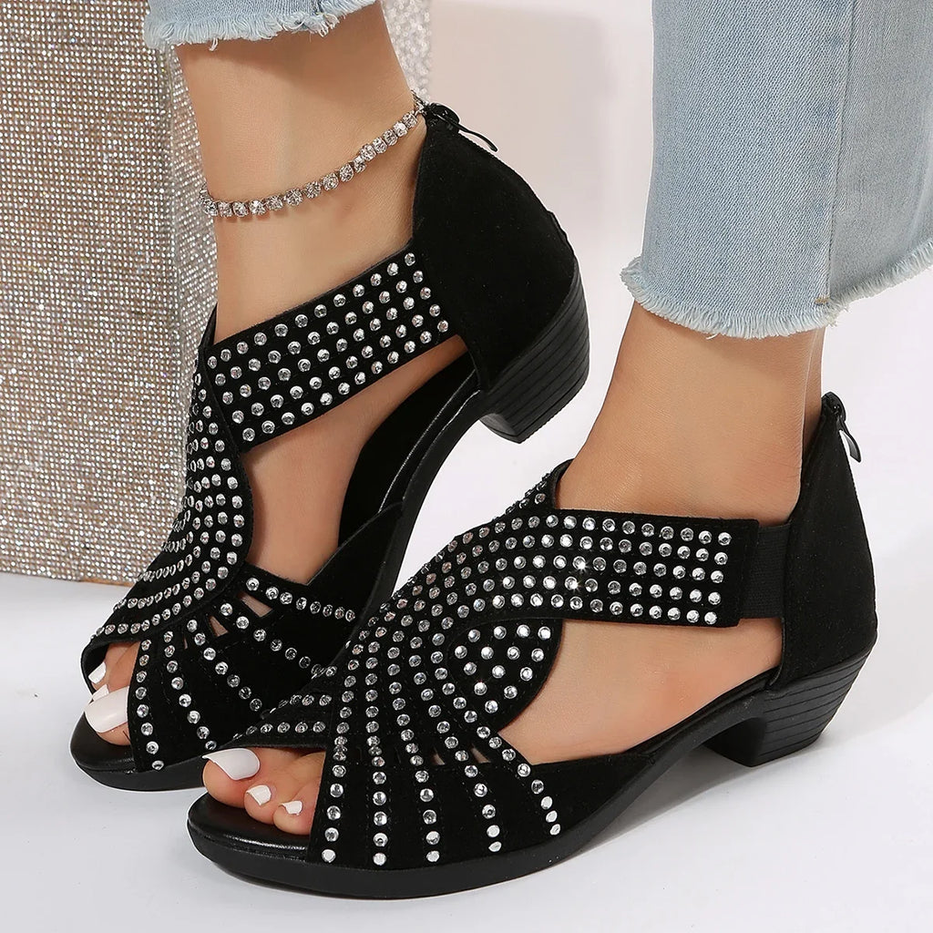 Women's Rhinestone Crystal Dance Sandals | Open Toe Square Heel