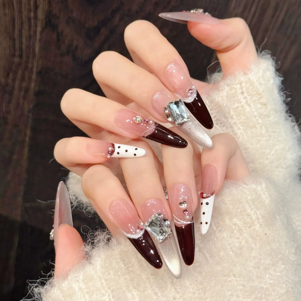 Crystal Cat's Eye Press-On Nails – Wine Red French Almond 10pcs