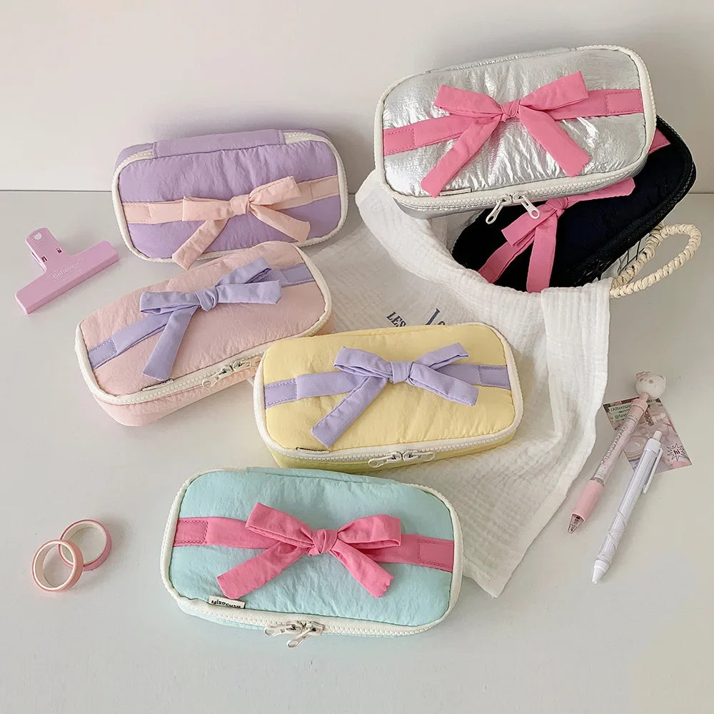 Bow Pencil Case – Cute Soft Fabric Student Stationery Bag