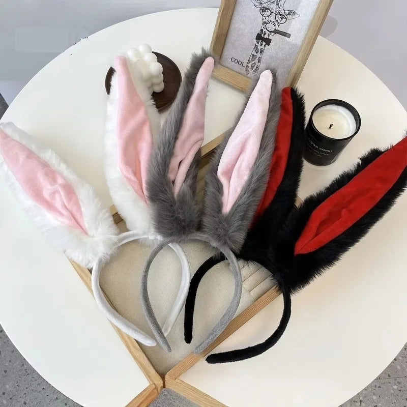 Plush Rabbit Ear Headband – Grey & Pink Cosplay Hair Hoop
