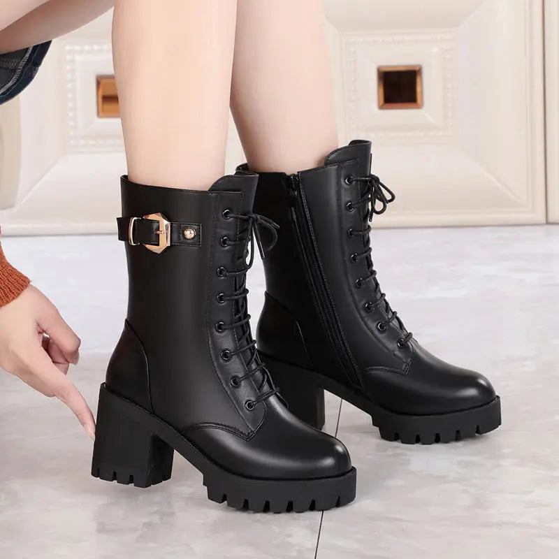 Women's Winter Ankle Boots – Suede Block Heel Zip Booties