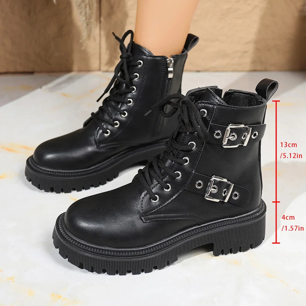 Women's Buckle Lace-Up Ankle Boots | PU Platform Booties