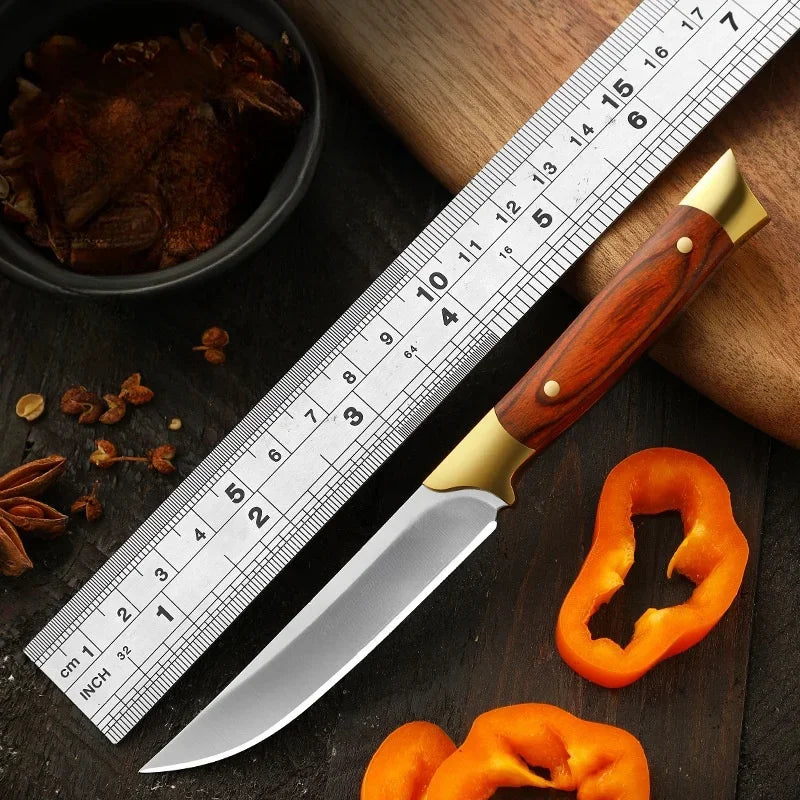 Steel Fixed Blade Utility Knife with Sheath – Wood Handle
