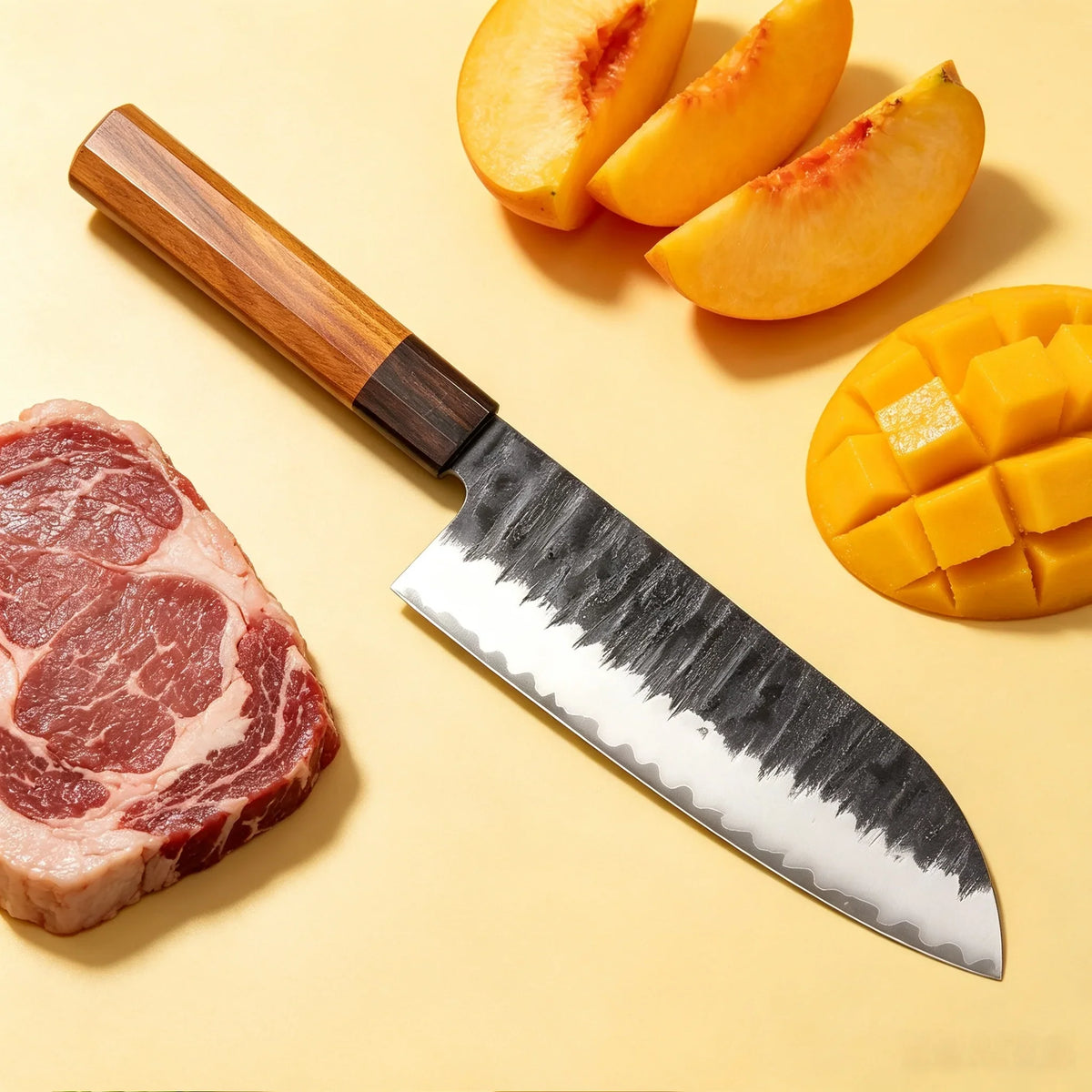 Premium Japanese Santoku Knife – Clad Steel, Wood Handle