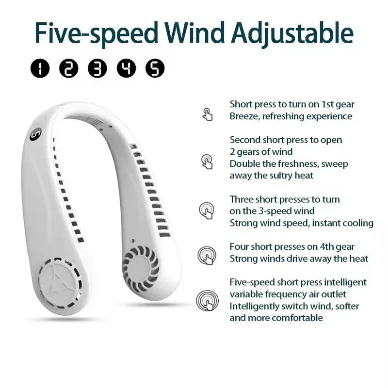 Portable Bladeless Neck Fan | 5-Speed USB Rechargeable Wearable