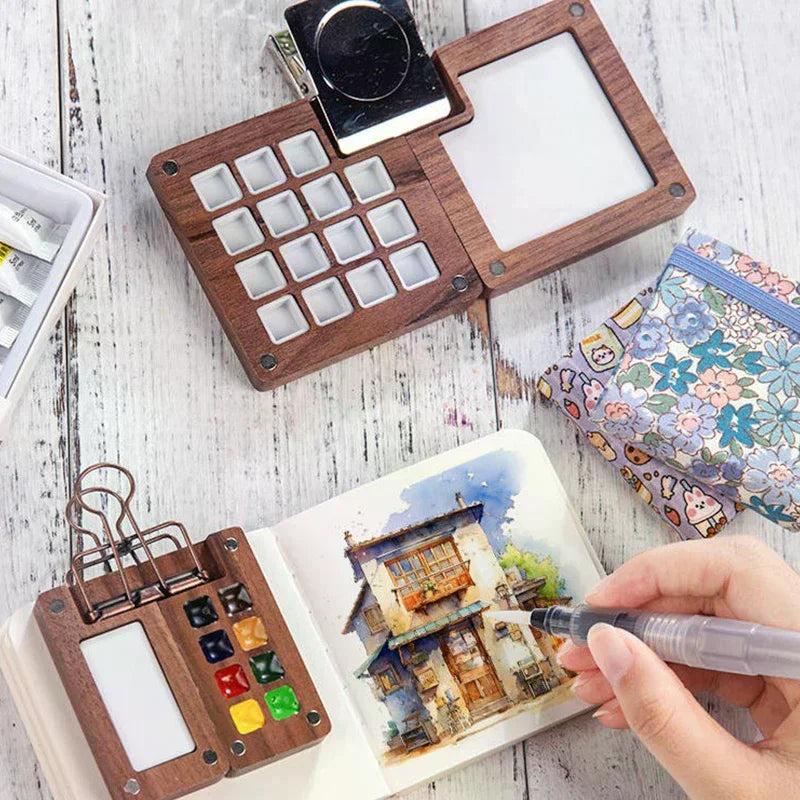 Mini Walnut Wood Watercolor Palette Portable Paint Box Clip Travel