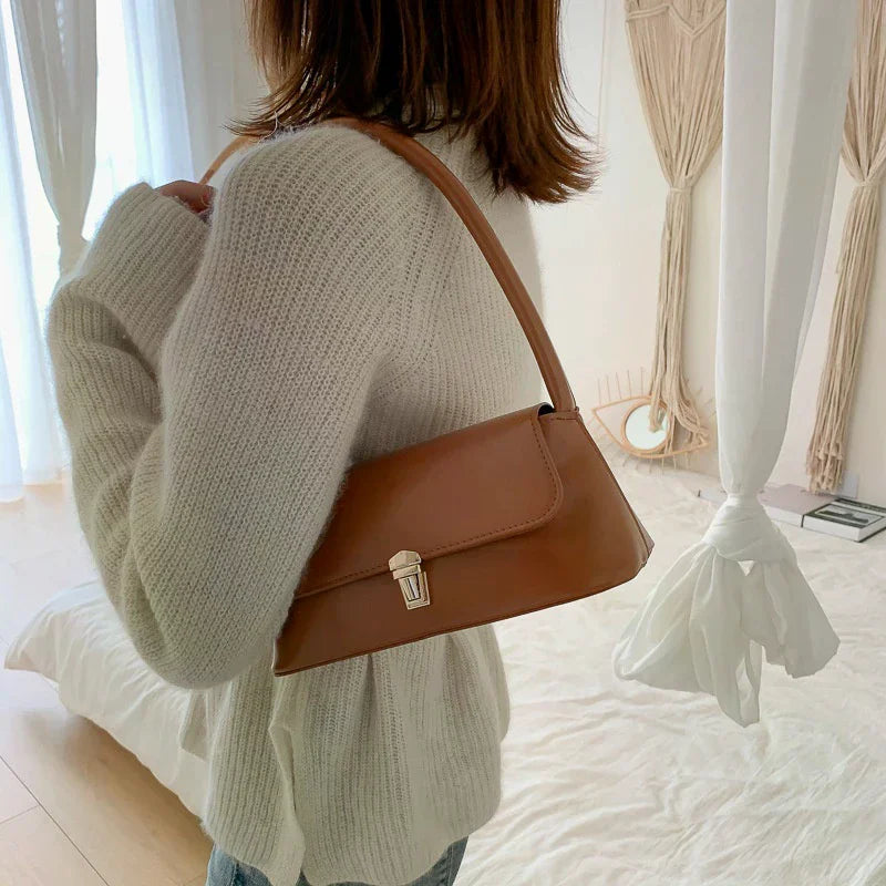 Khaki PU Leather Shoulder Bag – Women's Casual Tote Purse