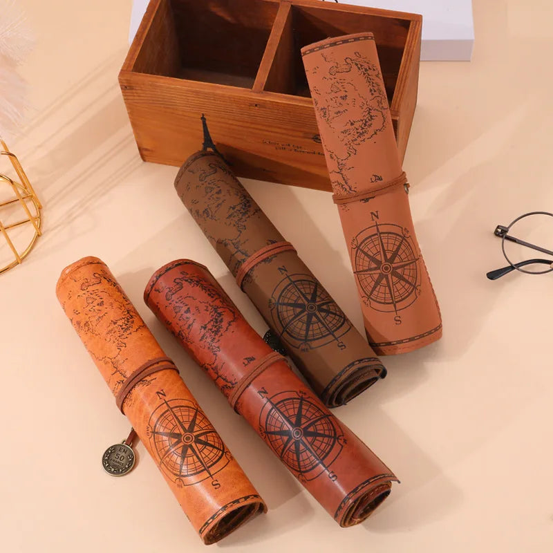 Creative Treasure Map Retro Leather Pencil Case Large Capacity Roll