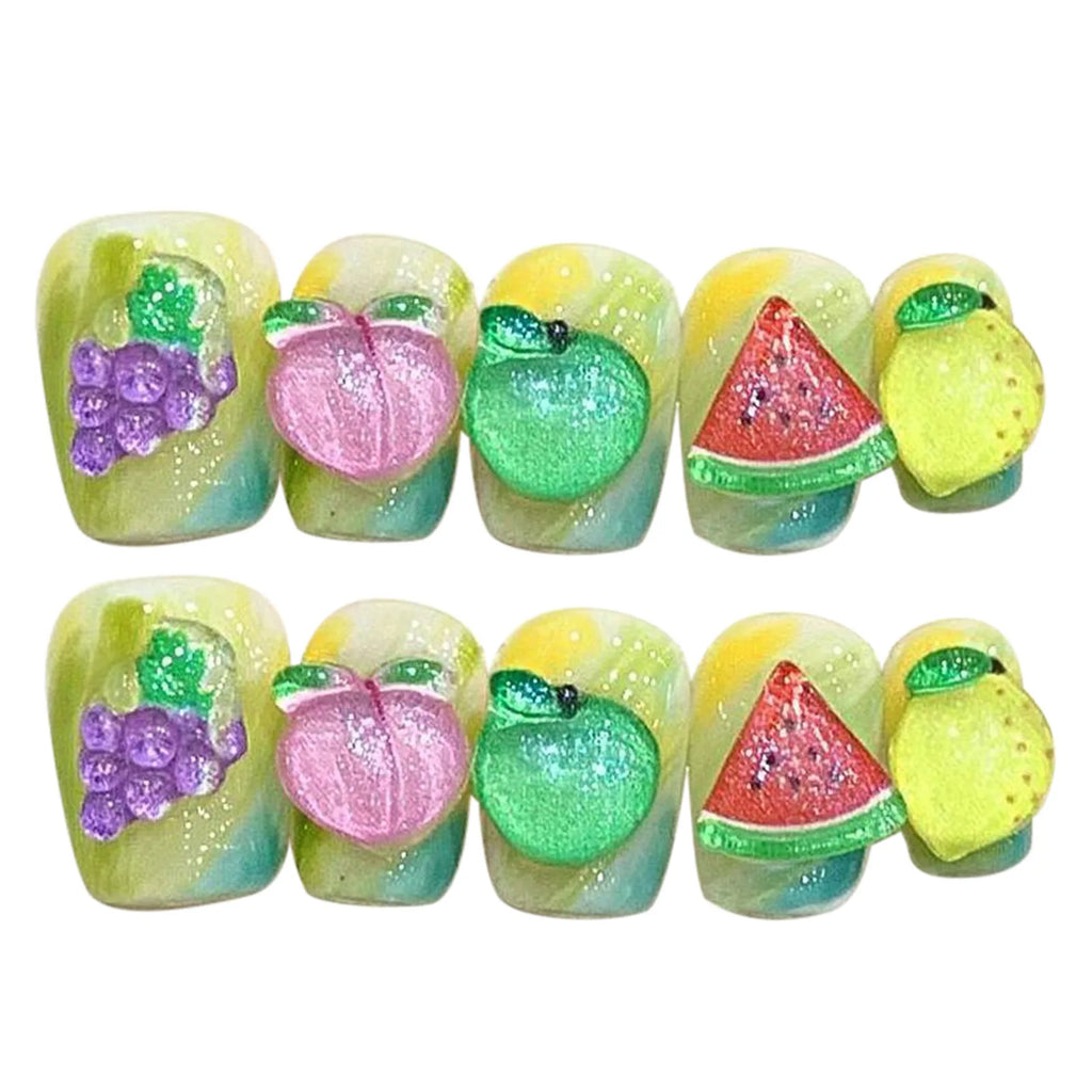Handmade Summer Fruit Press-On Nails | Grapes Peaches 10pcs