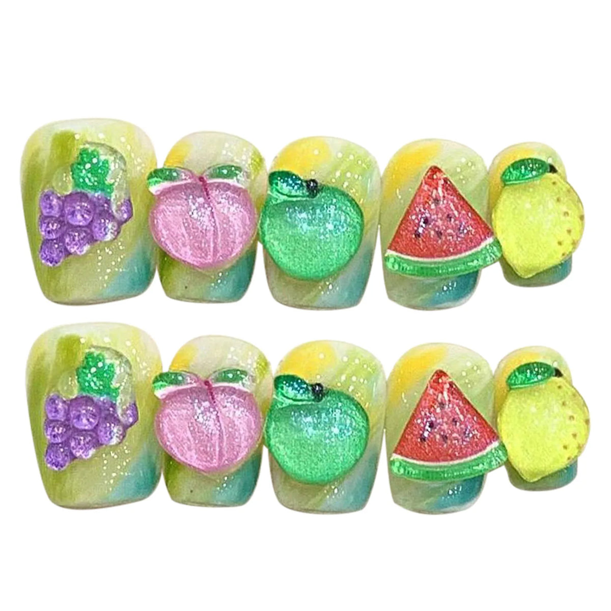 Handmade Summer Fruit Press-On Nails | Grapes Peaches 10pcs