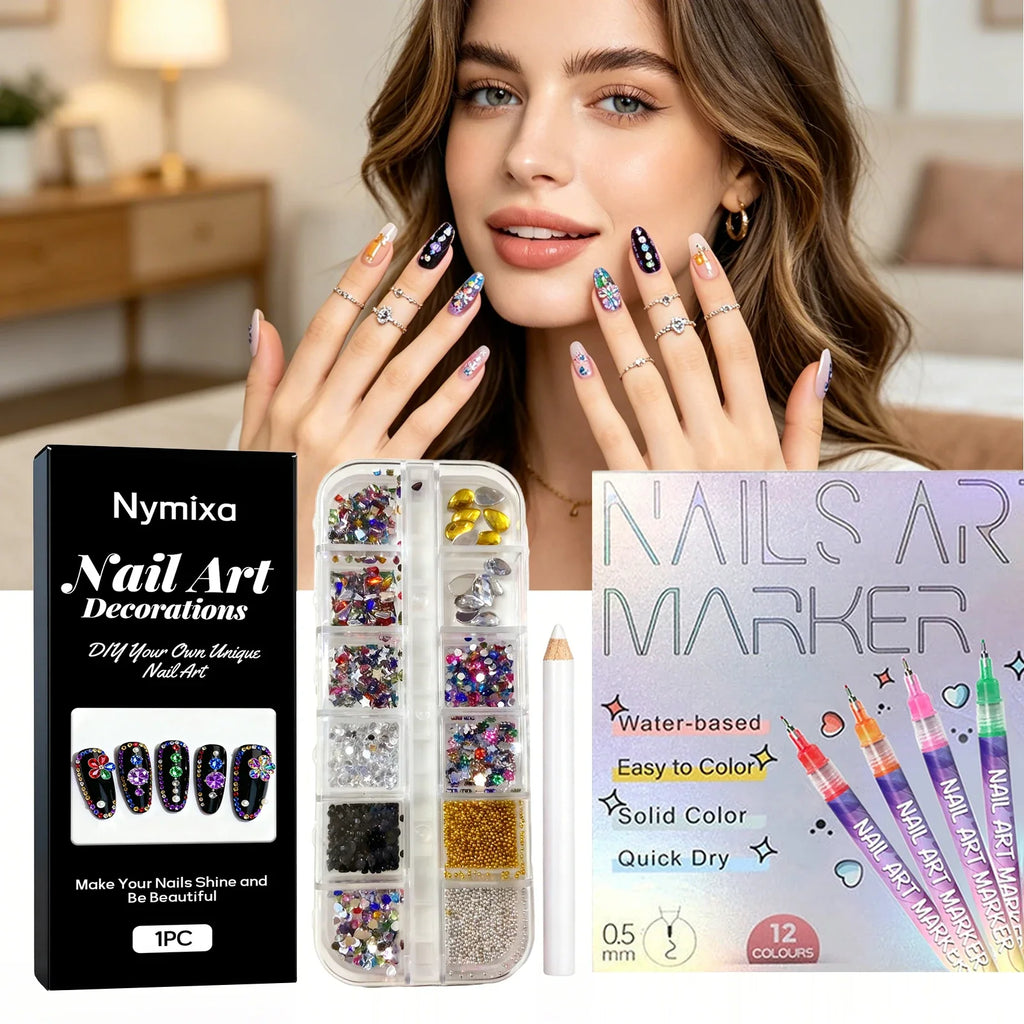 Nymixa DIY Nail Art Kit – 12-Grid Rhinestone & 12-Color Pens