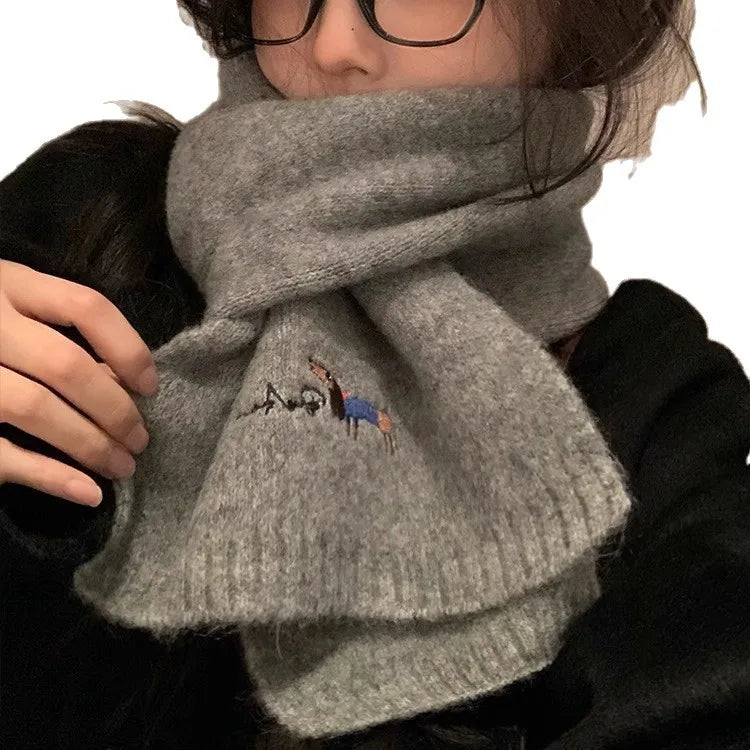 Korean Embroidered Puppy Knit Neck Gaiter | Cozy Scarf