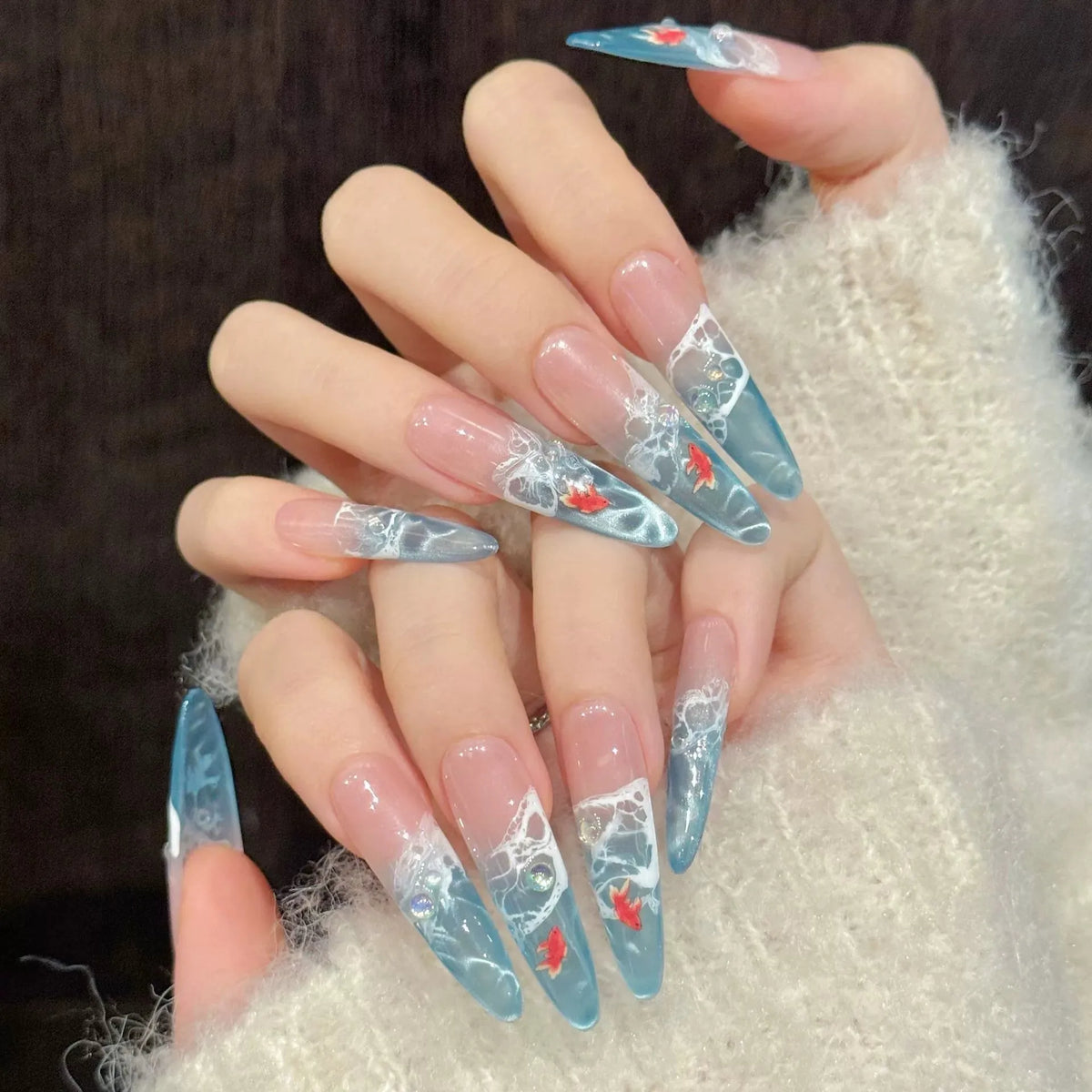 Cat Eye Press On Nails Ice Blue Almond Glitter Tips – 10pcs