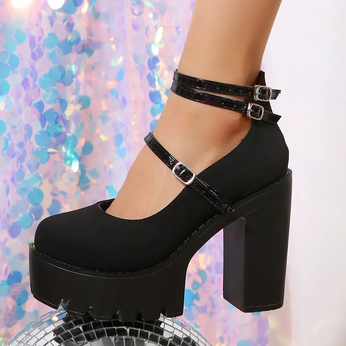 Women's Chunky Square Heel Platform Pumps with Ankle Strap