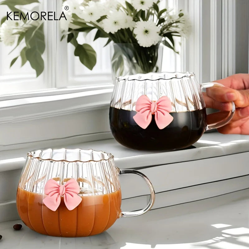 Glass Pumpkin Coffee Mugs with Pink Bows & Handle | 1–2 Pack