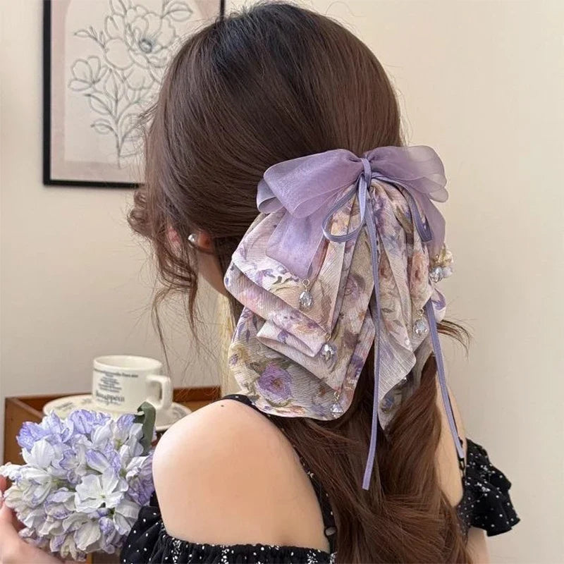 Floral Bow Bead Shark Clip – French Elegant Hair Claw