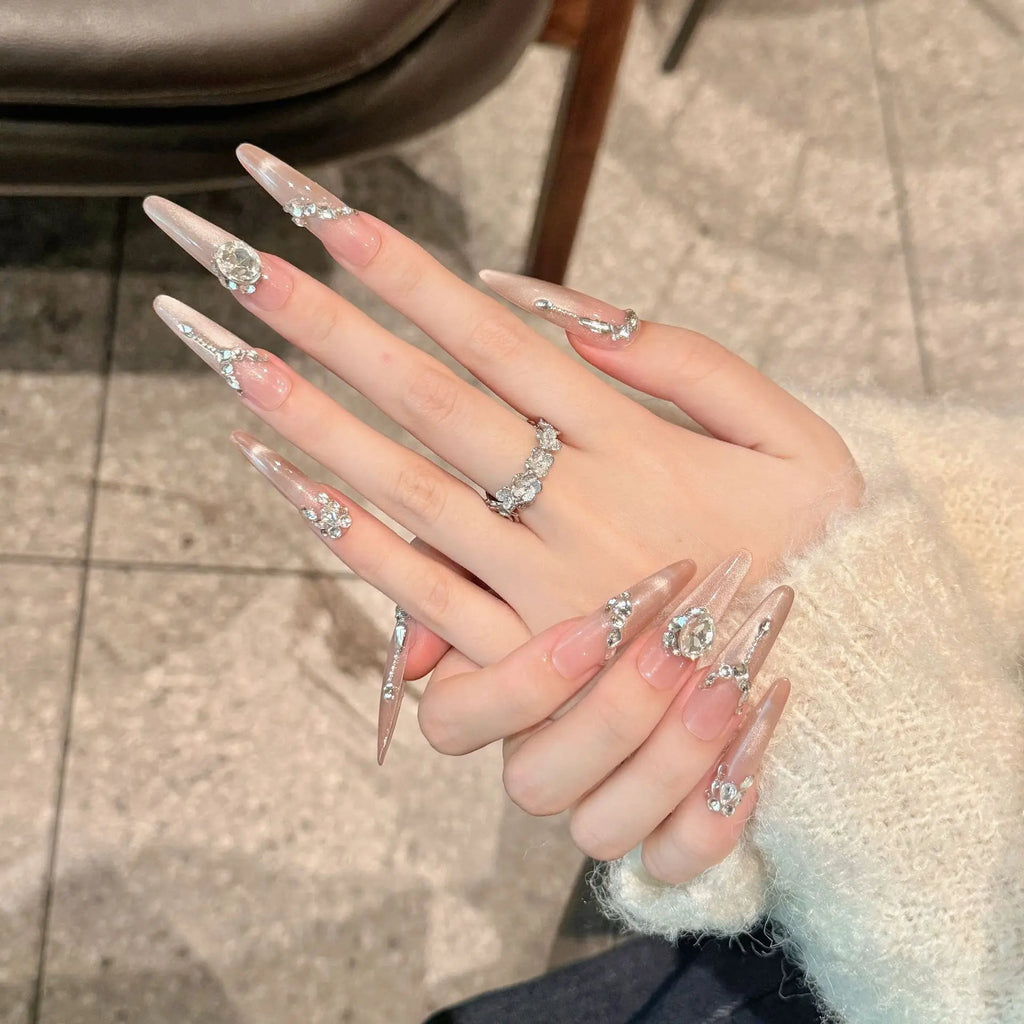 Press-On Nails Pomegranate Pink Cat Eye Long Oval | YADORNOS