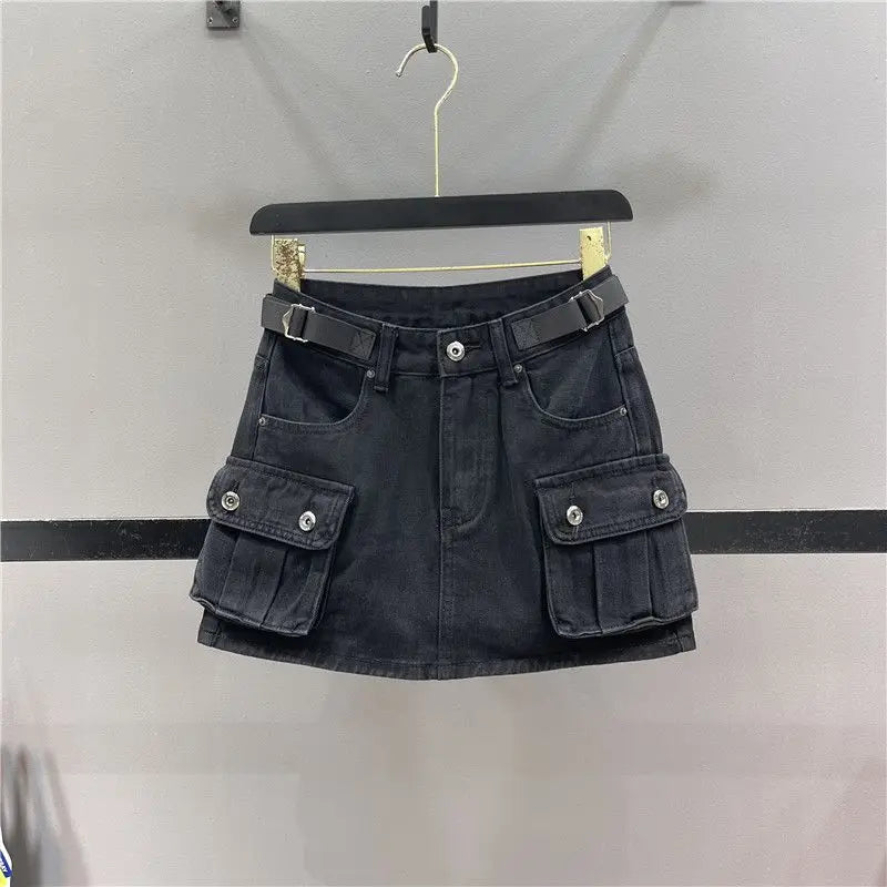 Women's Denim Mini Cargo Skirt – A-Line Zipper Fly Jean Skirt