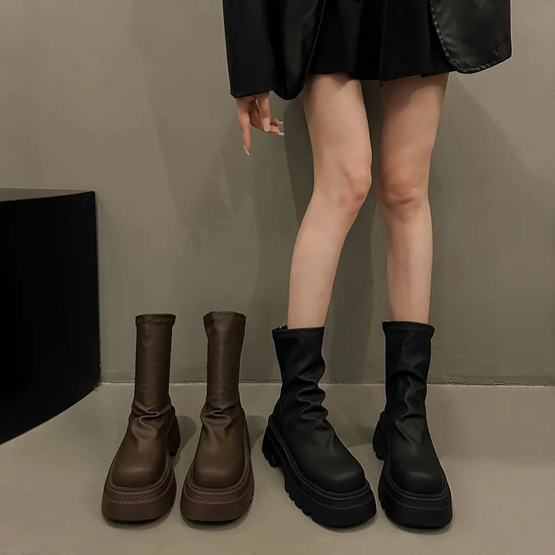 Women's Platform Chelsea Ankle Boots – Stacked Heel, Brown & Black